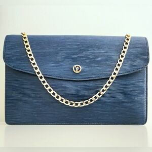Authentic LOUIS VUITTON LV Blue Gold Epi Leather Clutch WOC Wallet Crossbody
